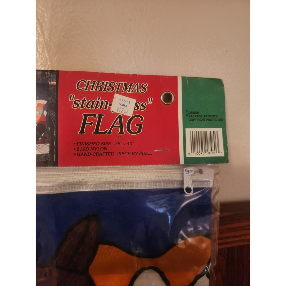 Vintage‎ Les Fleurs Christmas Stain Glass Flag Santa Sleigh NOS - Picture 3 of 4